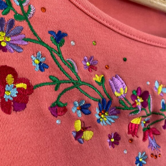 Quacker Factory Womens Plus 1X Embroidered Floral Top Coral 3/4 Sleeve Shirt - Picture 7 of 11